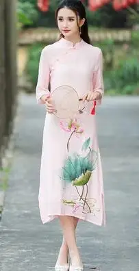 Дизайн женское Ретро этнический Национальный Стиль Китайский cheongsam с принтом лотоса свободное миди длинное платье с коротким рукавом