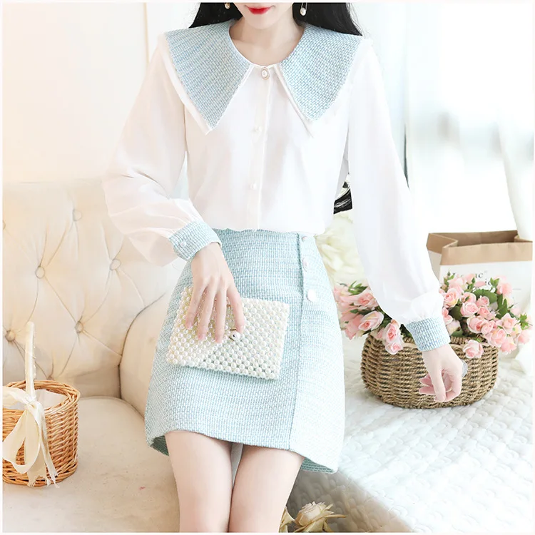 

Photo Shoot Autumn New Style Set Double Layer Peter Pan Collar Chiffon Long-sleeved T-shirt + Tweed Half-length Skirt