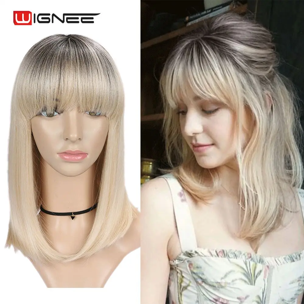 Парики Wignee короткие синтетические прямые женские с челкой эффектом омбре