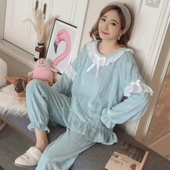 

Thick Warm Flannel Long Sleeve Pajama Sets for Women 2020 Winter Coral Velvet Sleepwear Sweet Lace Homewear Pijama Mujer Clothes