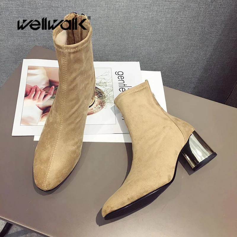 

Back Zipper Ankle Boots Women Metal Spike Heels short Booties Flock Suede Ladies Korea Design Autumn Winter Shoes Round Toe