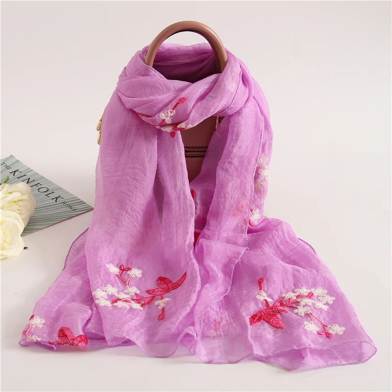 Embroidery Silk Scarves for Women New Fashion Floral Print Shawls and Wraps Thin Long Pashmina Lady Neck Scarf Hijab Femme - Цвет: lanhua 1