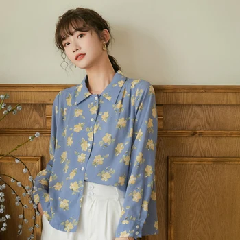 

COIGARSAM Vintage Full Sleeve Shirt Womens tops Spring Print Chiffon Women shirts Flowers 8943