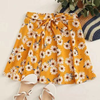 

2020 Summer New Fashion Casual Yellow Printed Elastic Strap High Waist Wide Leg Pleated Skirt bodycon skirt streetwear