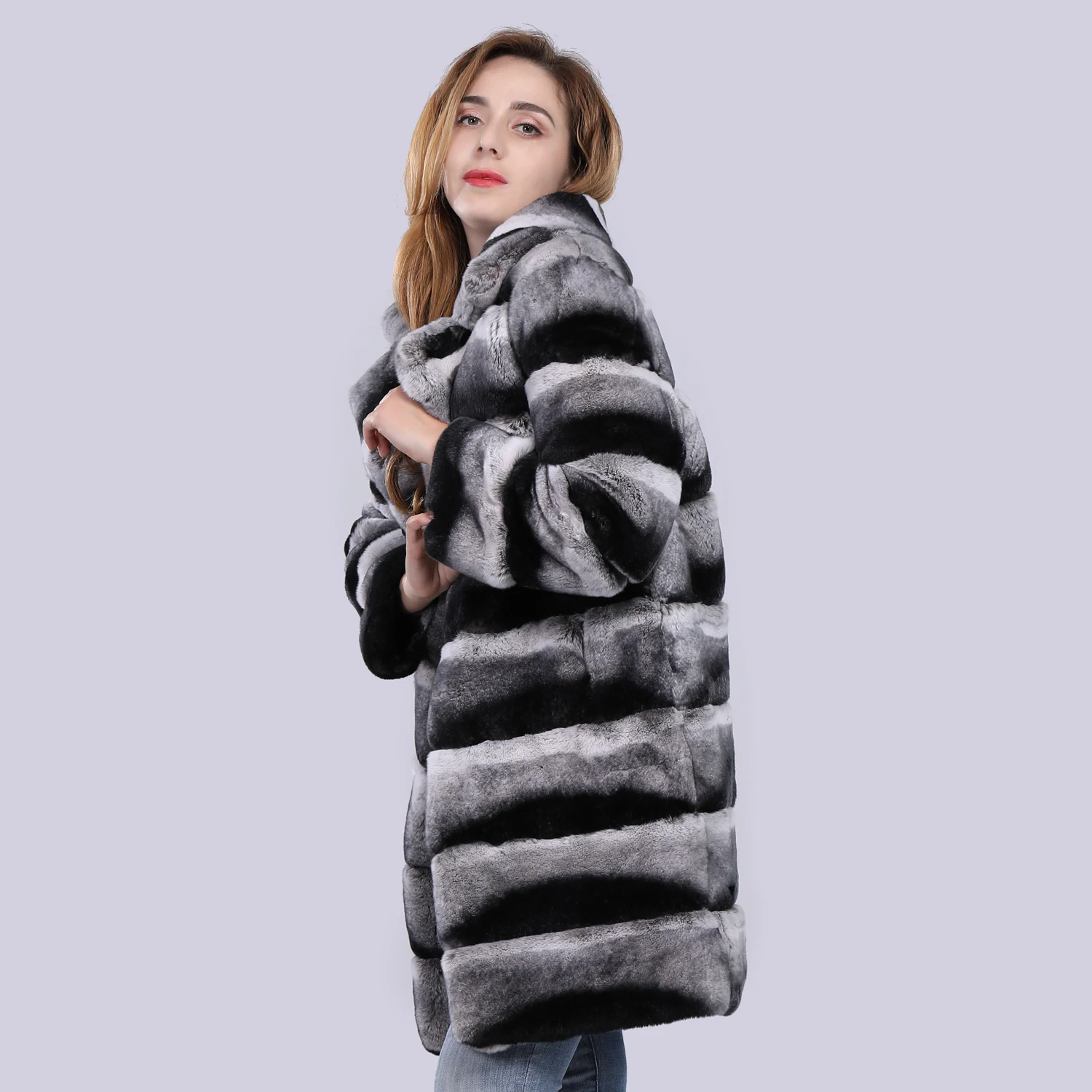 Модные женские зимние Настоящий мех кролика длинная куртка Полосатый мех шиншиллы пальто теплая настоящая меховая шуба бренд Индивидуальные