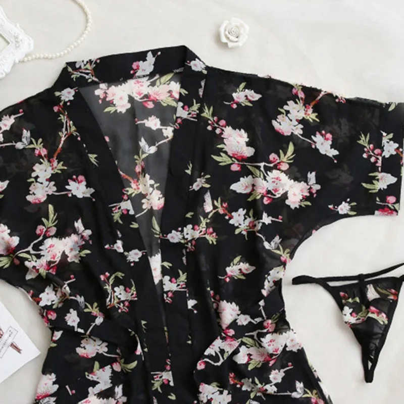 Нижнее белье в японском стиле с цветочным принтом Yukata, Сексуальный Кардиган Кол-во изделий+ пояс+ стринги, 3 женские прозрачные трусики