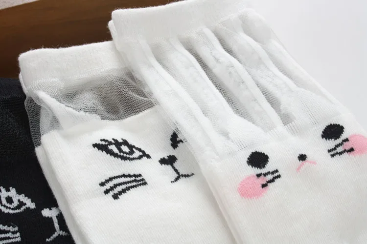 Harajuku/высокие носки до бедра в Корейском стиле голова кота из мультфильма, кружевные газовые чулки детские носки
