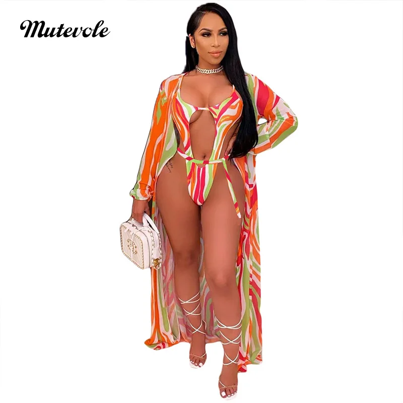 Mutevole Tie Dye Print Two Piece Swimsuit for Women Summer Beach Swimwear Sets Spaghetti Strap Bodysuit and Long Sleeve Kimono plus size loungewear sets