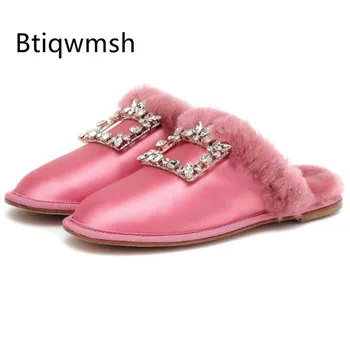 

Rose Pink Luxury Satin Wool Fur Slippers Women Round Toe Rhinestone Diamond Buckle Flat Shoes Woman Sexy Mules Autumn Winter