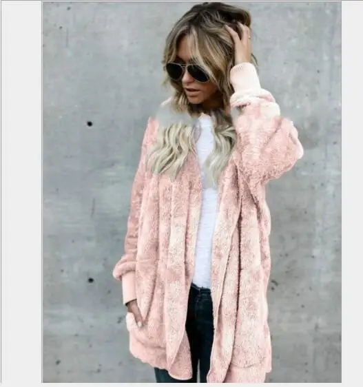 Moxeay размера плюс плюшевый свитер с капюшоном, пальто, длинный рукав, теплый кардиган, верхняя одежда, Тедди, Уютная куртка, модная женская одежда на осень и зиму - Цвет: Pink