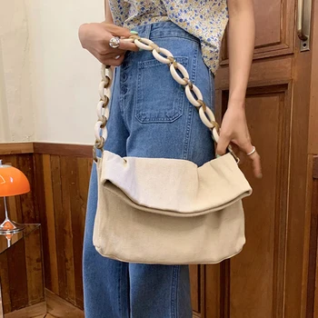 

Korean Niche Design 2020 New Personality Acrylic Chain Canvas Casual Shoulder Bag Solid Color Women Soft Bag A153