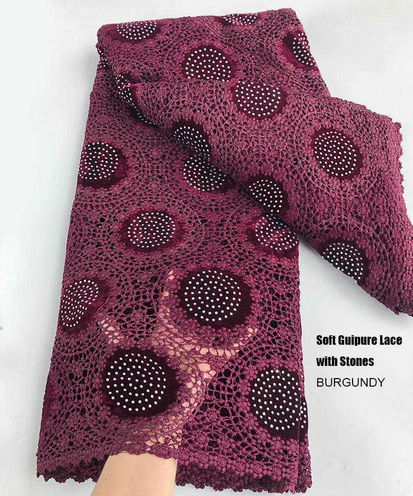 5 yards Elegant Velvet Cord Lace African Guipure Fabric with Stones Soft Sheer Cotton Original Nigerian Cupion Occasions Wear