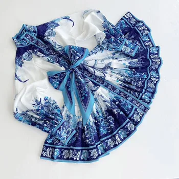 

Second Quality Twill Fabric Vintage Dress 2020 Spring New Sky Blue Lantern Sleeve Sky Mini Blue Dresses