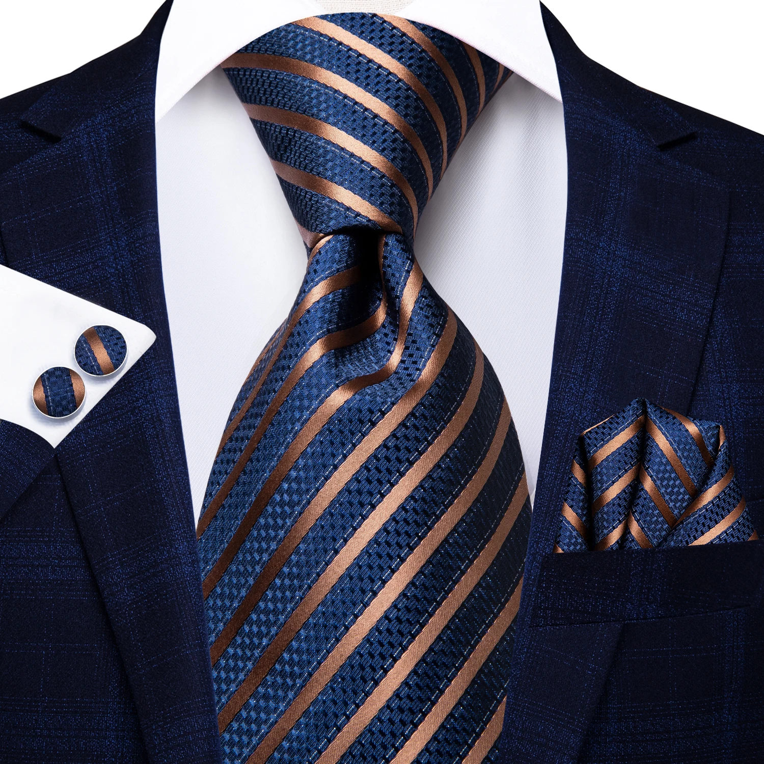 Hi-Tie Necktie With Box Navy Blue Striped Paisly Silk Wedding Tie For Men Hanky Cufflinks Gift Nicktie Set Business