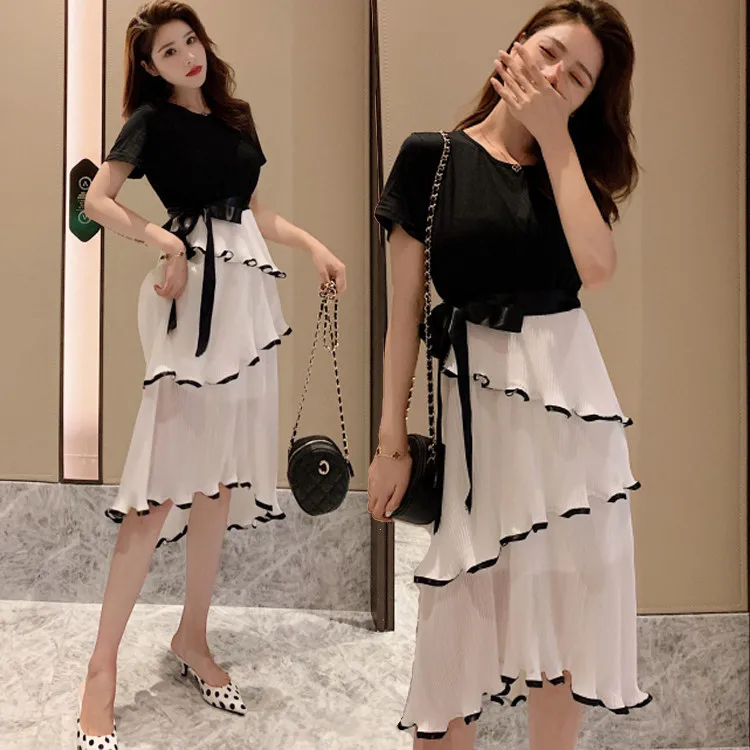 

Large Size Dress Fat Woman Belly Covering Slimming Online Celebrity Chiffon Skirt Large GIRL'S Short Sleeve 2019 New Style Summe
