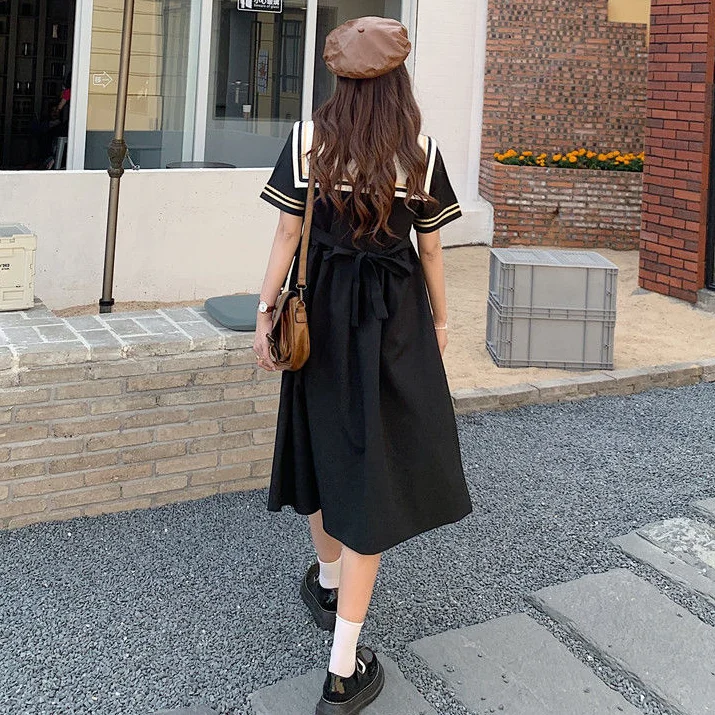 Dresses Women Short Sleeve Bow Sailor Collar Preppy Style Korean All-match Teens Simple Birthday Party Baggy Vintage Chic New cocktail dresses