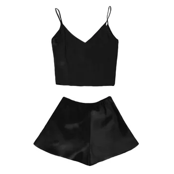 

2Pcs Women Underwear Sexy Nightwear Smooth Pyjama Set Crop Top Shorts Backless Vest Sleepwear Solid Spaghetti Strap
