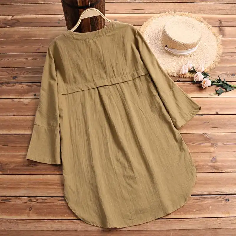 Kaftan/Осенняя женская льняная блузка ZANZEA, повседневные кардиганы на пуговицах, женские блузы с длинными рукавами, Женская туника футболка S-5XL
