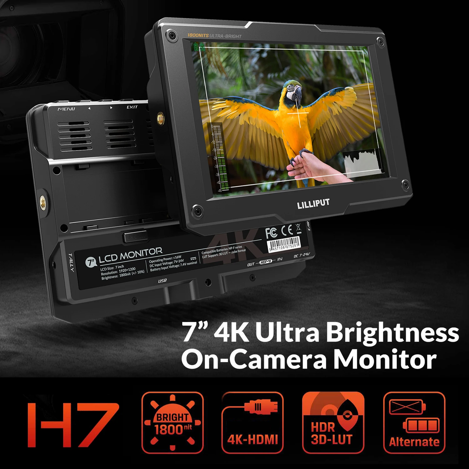 7 Inch 4K Ultra Brightness On-Camera Monitor with Full HD Resolution 1800nit Sunlight Viewable 4K-HDMI & 3G-SDI