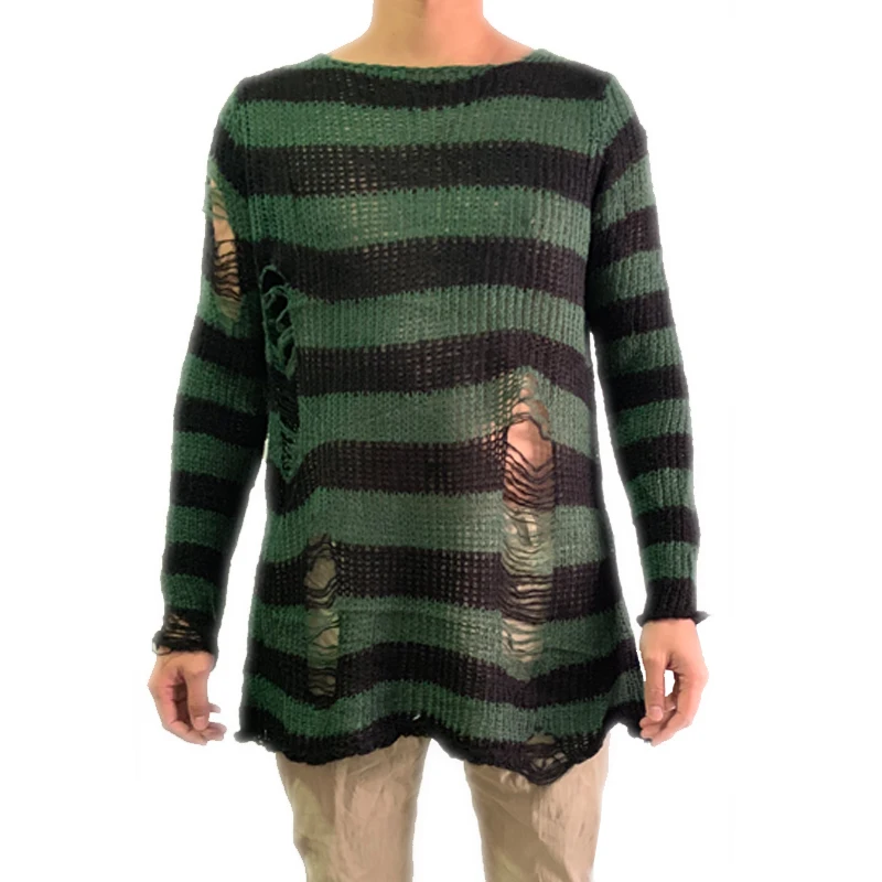 

Long Sweater Man Stretch Thin Pullover Broken Sweaters Knittop Jumpers 2020 Punk Gothic Cool Male Striped Hollow Out Slit Spring