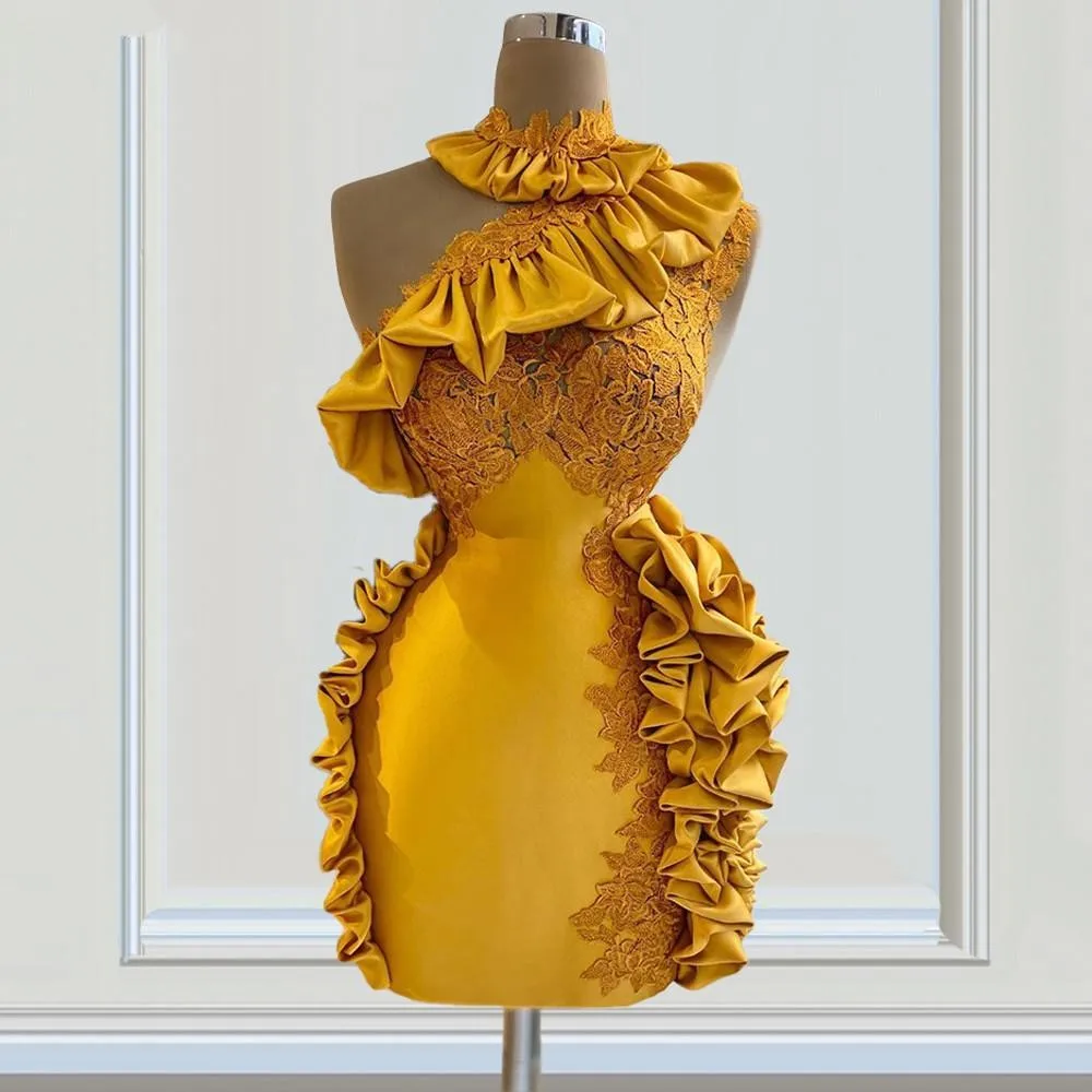 Gold One Shoulder Cocktail Dress Mini Short Prom Gowns Ruffles Lace Appliques Satin Mermaid Party Dress Women Formal Vestidos