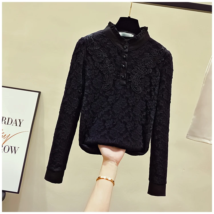 Plus Velvet Cotton Lace Shirt Women's Long Sleeve Autumn Winter All-match Shirt Tops Temperament Interior Jacket Girls Ladies - Color: Black