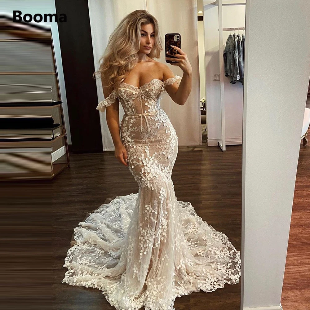 Booma Elegant Mermaid Wedding Dresses Off the Shoulder Sweetheart Full Lace Bride Dresses Trumpet Princess Bridal Gowns long sleeve wedding dresses