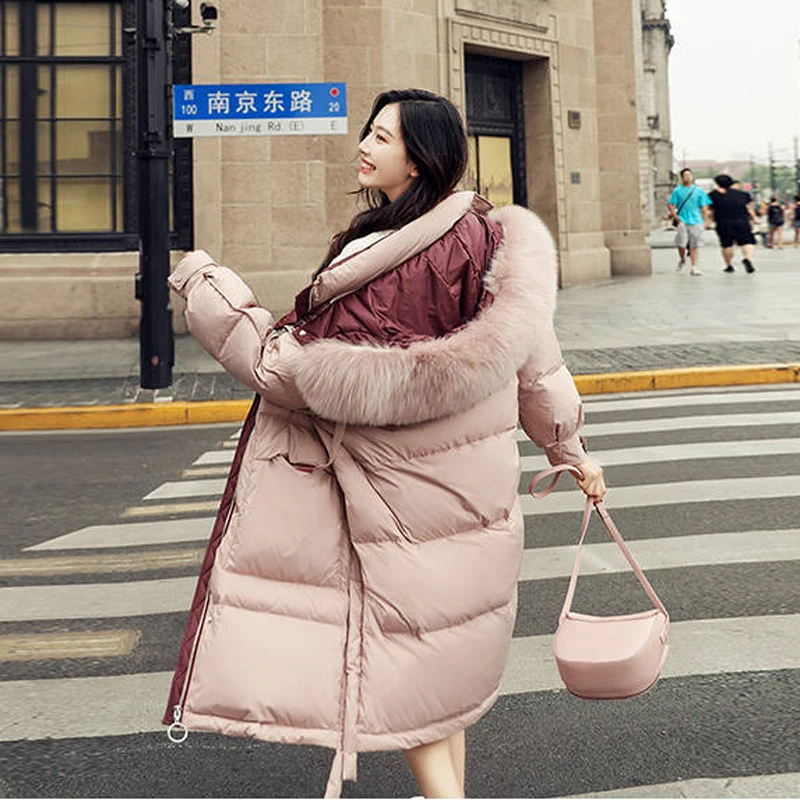 Bella Philosophy Wonder NEW Winter Real Raccoon Fur Hooded White Duck Down Coat pink Solid Thick Warm Loose Female Parkas