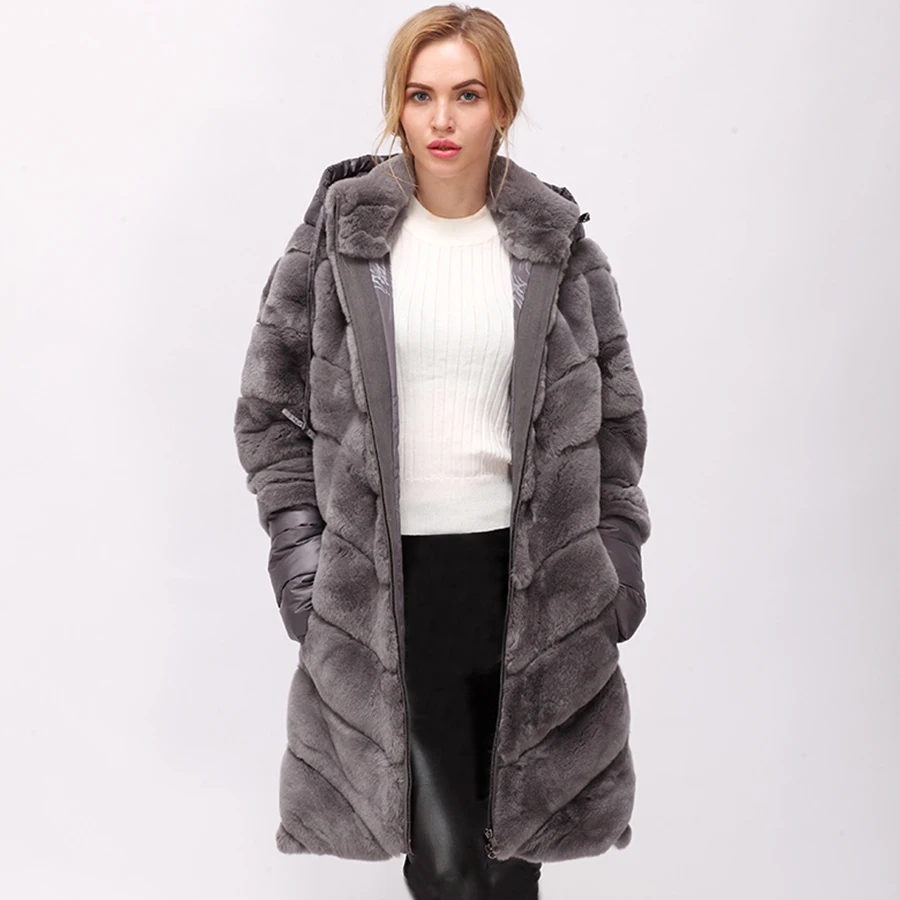 CNEGOVIK NEW long rex rabbit fur coat stand-collar