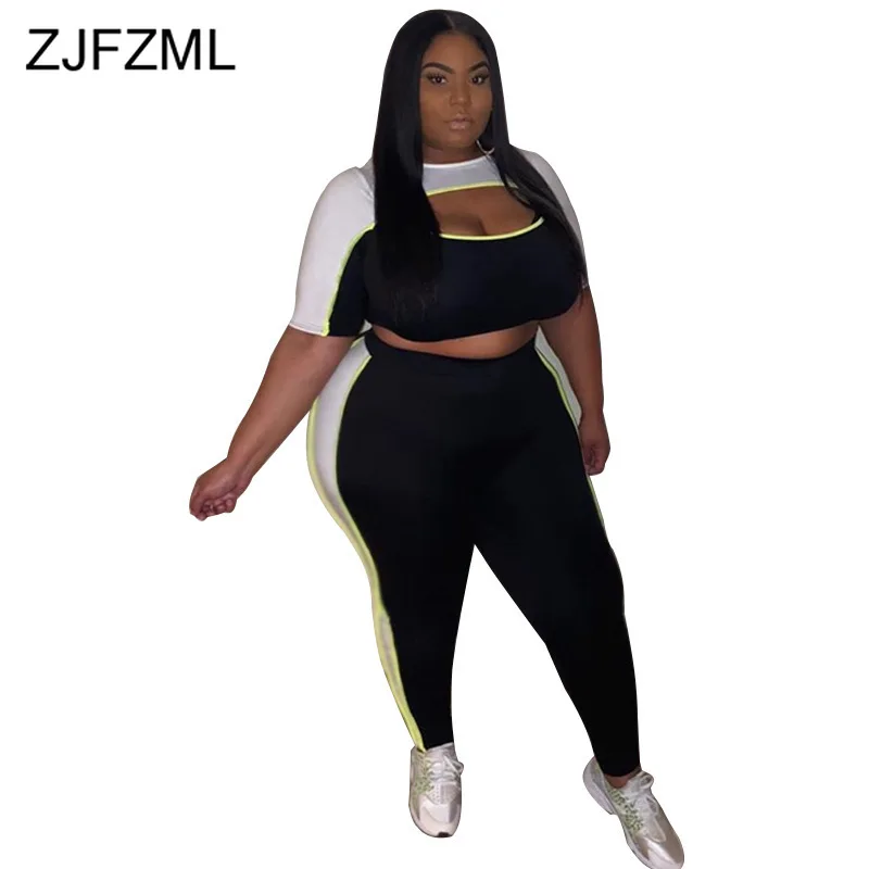 

Neon Green Color Block Plus Size Two Piece Tracksuit Women Hollow Out Short Sleeve Crop Top And High Waist Skinny Pant Outfits
