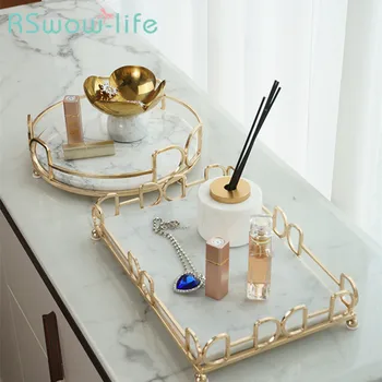 

Natural Marble Tray Light Luxury Metal Frame Cosmetic Storage Tray Bathroom Living Room Service Tray For Trays Decorative