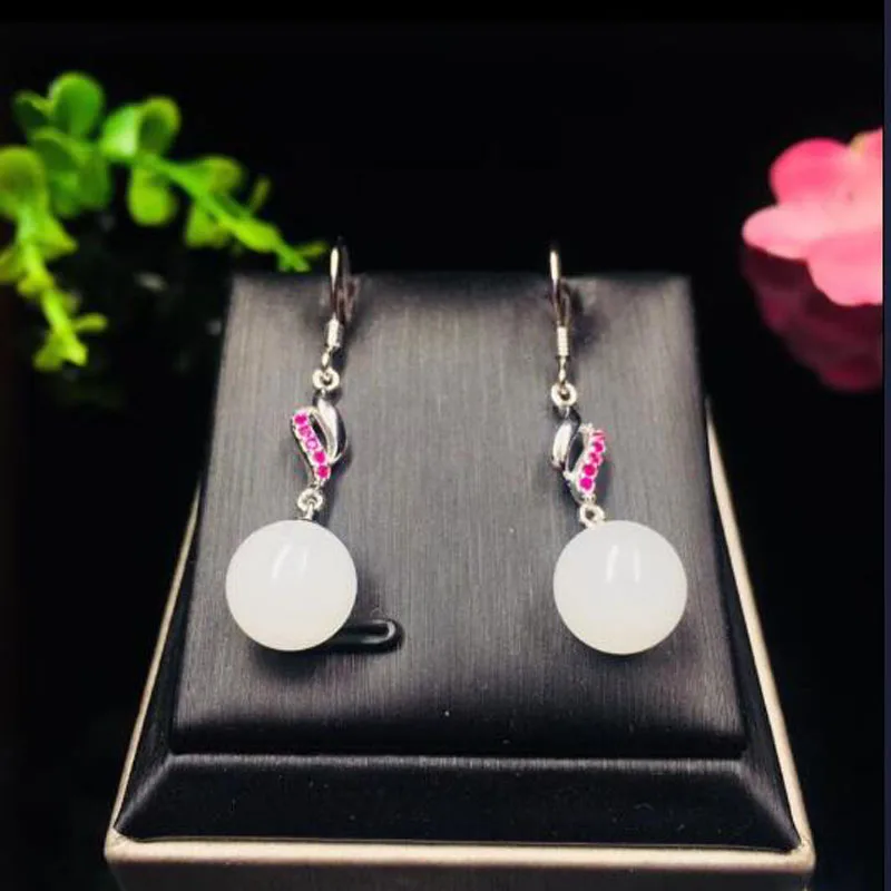 

Unique 925 Sterling Silver Drop Earrings Ear Hook with White Natural Hetian Jade Bead Fine Jewelry for Women Brincos