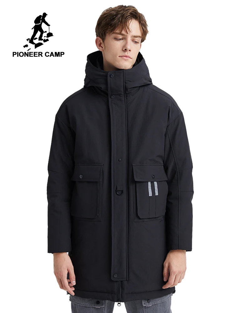 Пионерский лагерь черный зеленый длинные толстые парки мужские зимние пальто с капюшоном сплошной цвет повседневные Карманы Мужская одежда Топ AMF903501