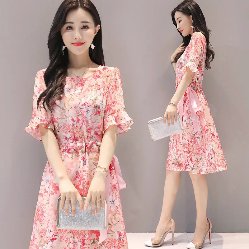 

Dress Women's Summer 2019 New Style Korean-style Printed Mid-length Slim Fit Trumpet Short Sleeve Floral-Print A- line Skirt Fas
