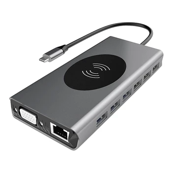 

HOT-15-In-1 USB C Hub Laptop Docking Station Type C Hub Wireless Charger for Laptop Power Delivery with 1000M Rj45 Ethernet