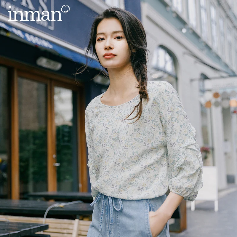 Beste Inman 2020 Lente Nieuwe Collectie Literaire Ronde Kraag Lantaarn Mouwen Bloemen Pastorale Stijl Pure En Verse Blouse