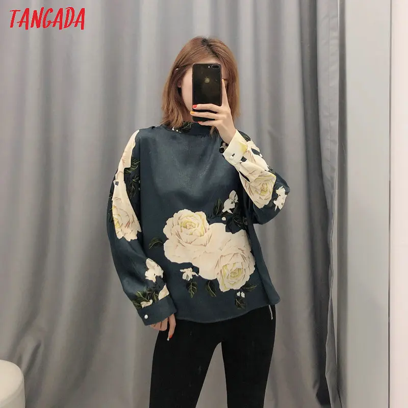 Tangada Женская Цветочная блузка с круглым вырезом и длинным рукавом, шикарная винтажная рубашка, blusas femininas BE89