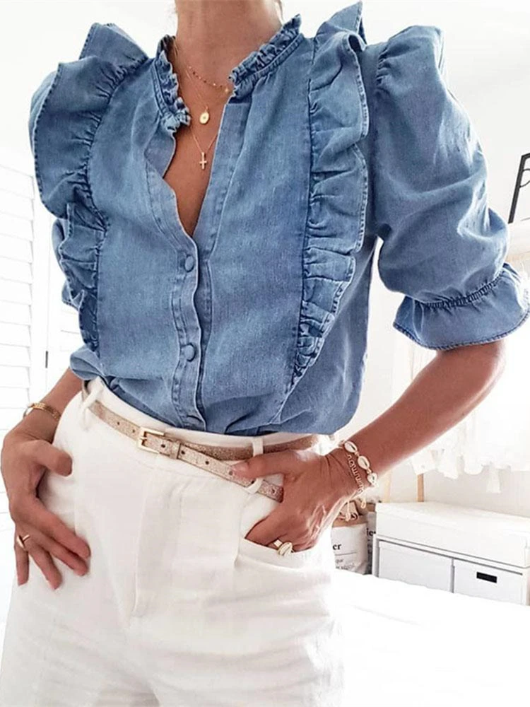 Осенняя женская элегантная джинсовая синяя Повседневная рубашка для женщин размера плюс 3XL с v-образным вырезом однотонная Базовая цветная Блузка с оборками и пышными рукавами