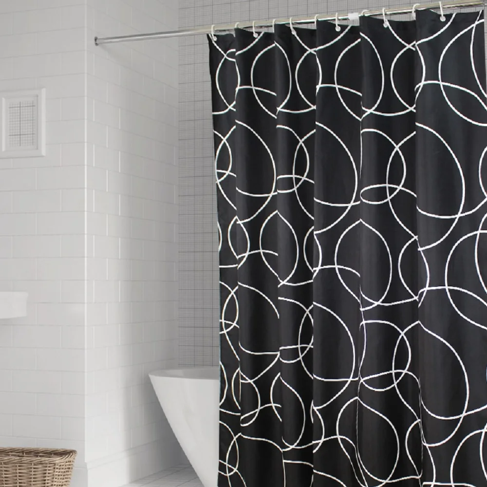 

Waterproof Thicken White Stripe Black Bathroom Shower Curtain Polyester Mildew Proof Bath Tub Curtain with 12 pcs Hooks