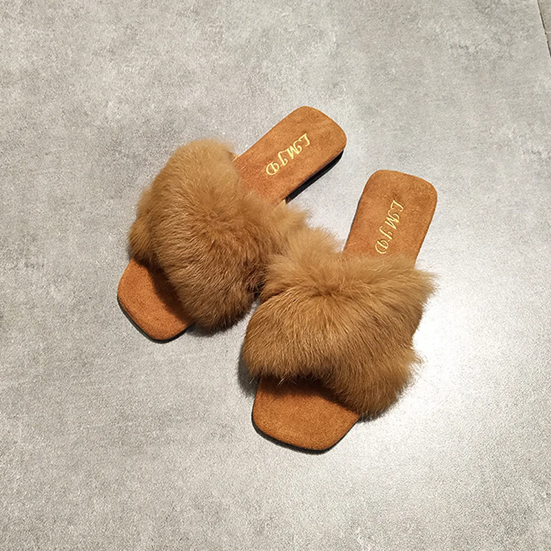 

Slippers Fur Rivet Shoes Woman 2019 Loafers Flock Lady Socofy Luxury Slides Plush New Rubber Flat Girl Soft Designer PU Basic