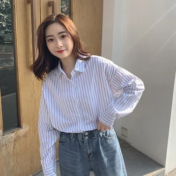 

COIGARSAM Brief Striped Full Sleeve Loose Shirt Womens tops New Spring Women shirts White Black F3211