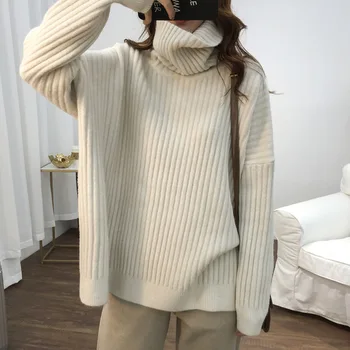 

2019 Autumn Winter Solid Colors Turtleneck Pullover Sweater Women Korean Loose Thick Section Lazy Wind Knit Sweater Long Sleeve