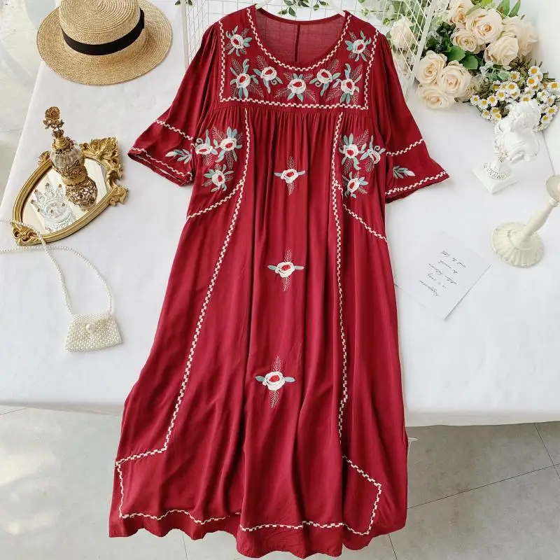 

2019 new fashion women's dresses Summer ethnic style embroidery large size loose short sleeve holiday dress