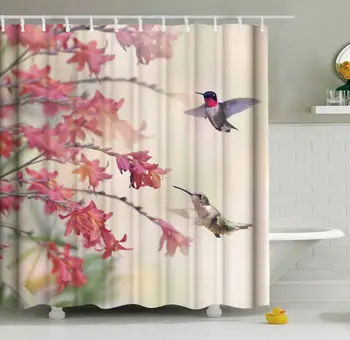 

Two Hummingbirds Birds Beak Tropical Spring Summer Red Flowers Shower Curtain Set , Home Decor Bathroom Accessories Waterproof