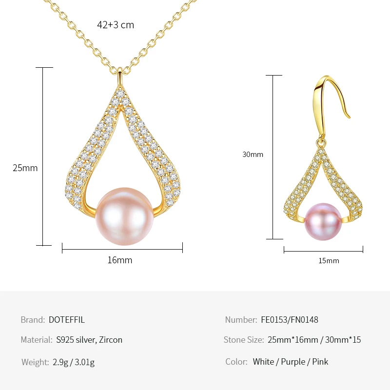DOTEFFIL,, жемчужный ювелирный набор, серьги/ожерелье,, 925, серебряное ожерелье, инкрустация цирконием, Женский натуральный пресноводный жемчуг, подарки