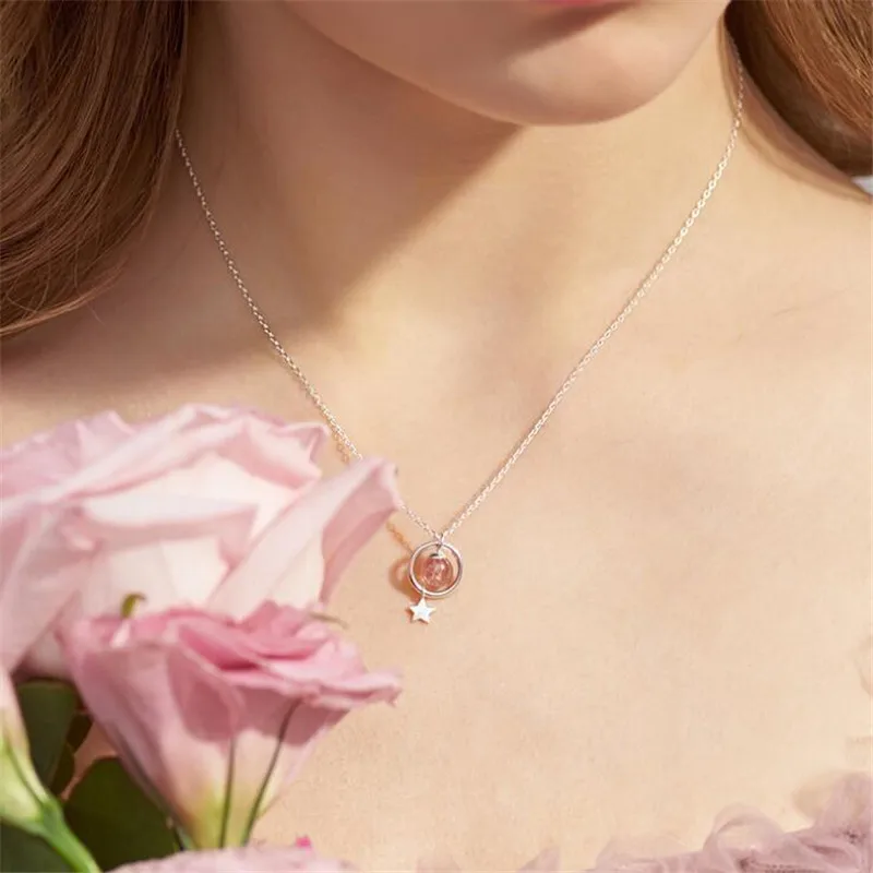 New Fresh And Lovely Stars Strawberry Pink Crystal 925 Sterling Silver Jewelry Magic Circle Women Pendant Necklaces XL122 - Image 4