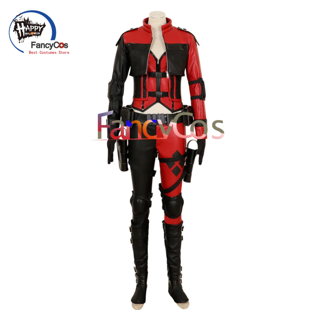 

Harley Superhero Quinn Costume Harleen Quinzel Cosplay Joker PU Leather Coat Jacket Pants Belt Gloves Cosplay Costumes Adult