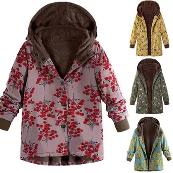 

Women Vintage Floral Print Long Sleeve Hooded Cotton Jacket Casual Large Size Pocket Button Thicken Plush Warm Jacket