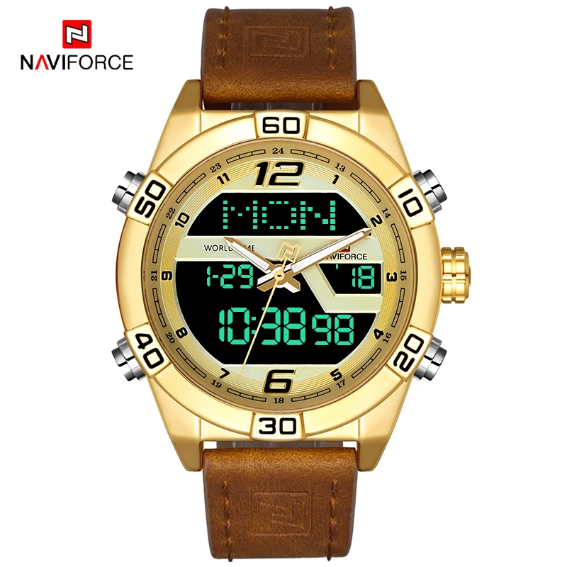 NAVIFORCE Luxury Gold Watches For Men Leather Band Waterproof Digital Alarm Sport WristWatch Man Military Dual Time Quartz Clock