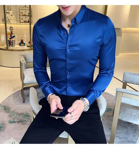 Мужские рубашки с вышивкой и вырезом, повседневные приталенные мужские рубашки с длинным рукавом, одноцветные официальные деловые рубашки, социальная одежда, блузки - Цвет: Синий